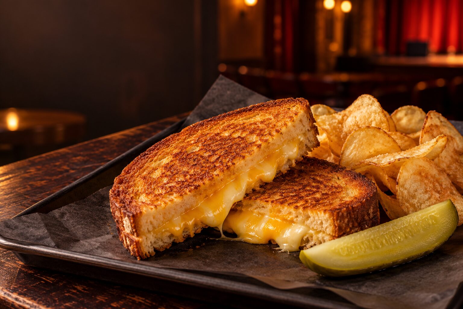 Grilled cheese sandwich with a pickle spear and potato chips