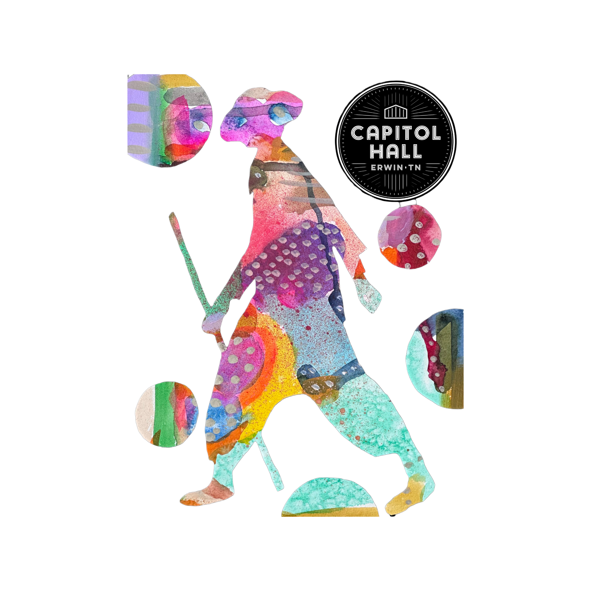 Colorful watercolor hiker artwork with the Capitol Hall emblem