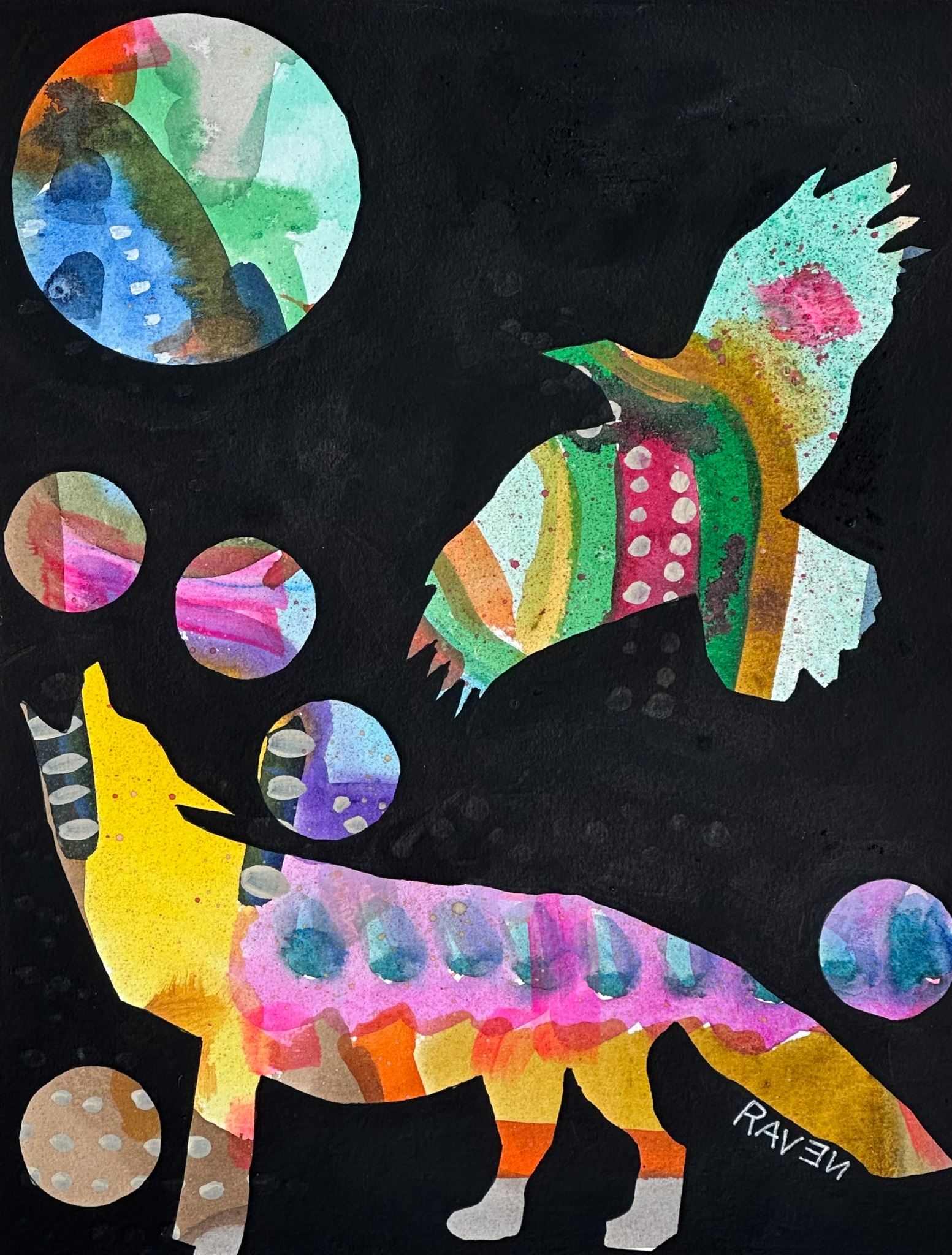 Colorful watercolor fox and bird artwork on black