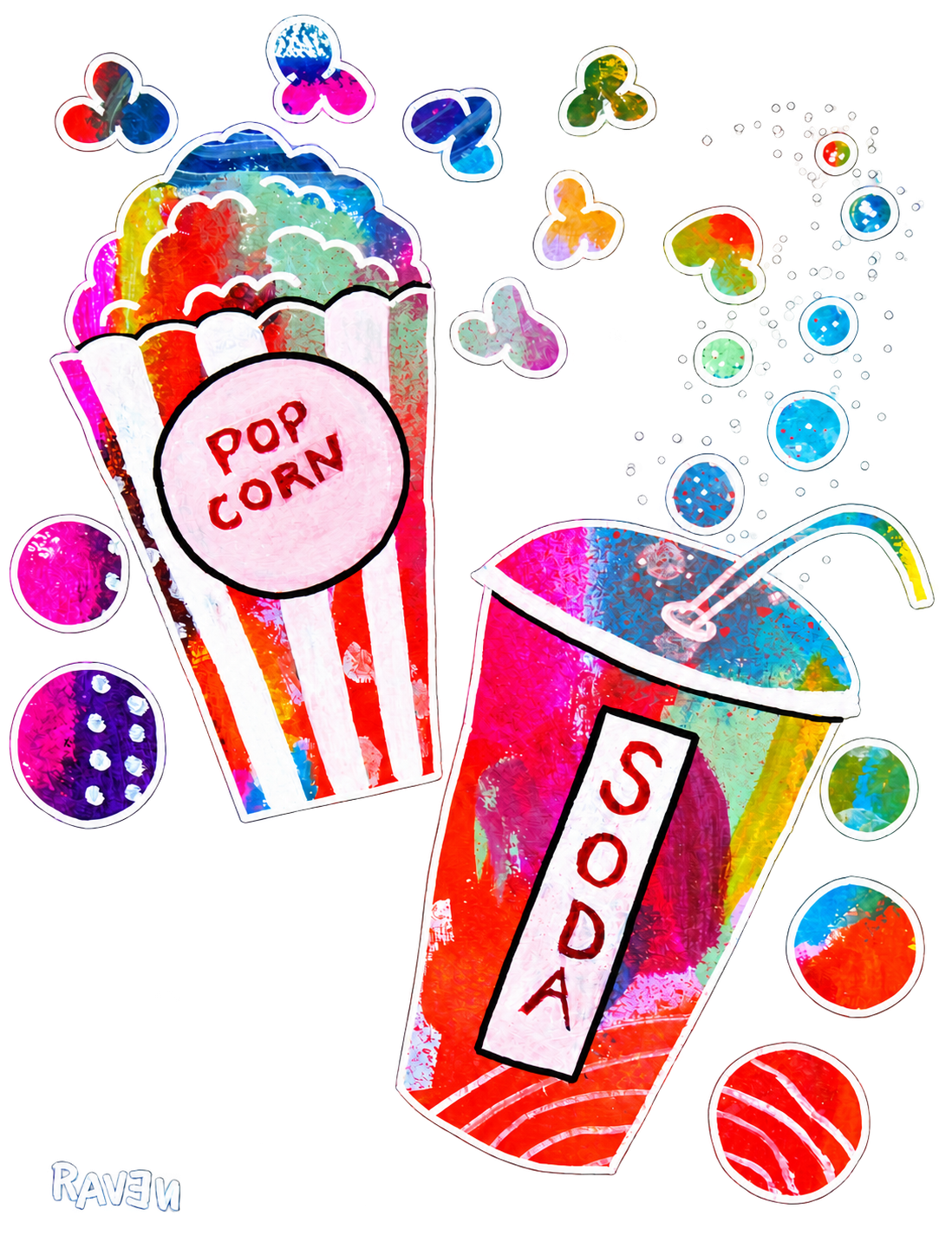 Colorful hand-painted popcorn and soda artwork